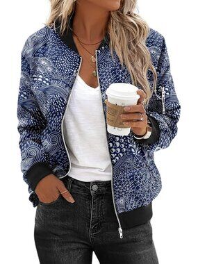 Women's Blue Polyester Zip Up Sweatshirt Long Sleeve Casual Bomber Jacket